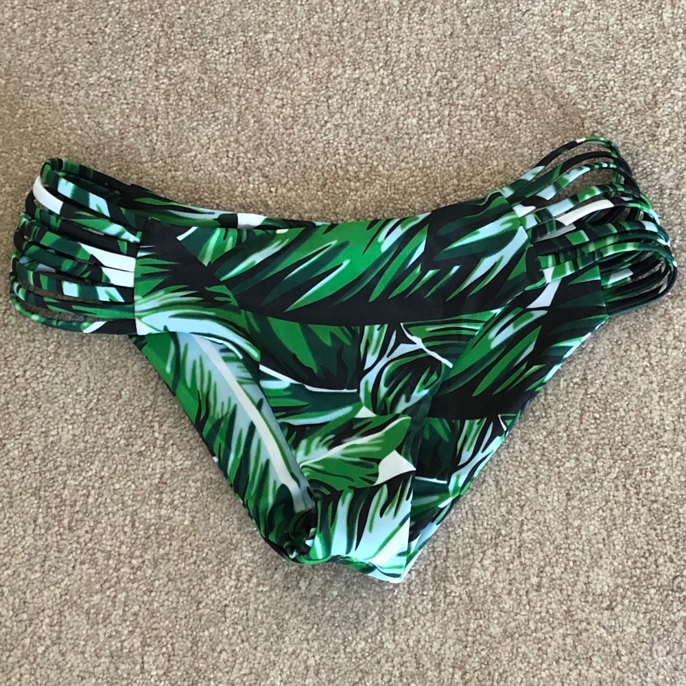 Tropical Leaf Print Caged Bikini Bottom
